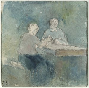 Kaksi talonpoikaa pöydässä, n. 1874 tekijältä Camille Jacob Pissarro